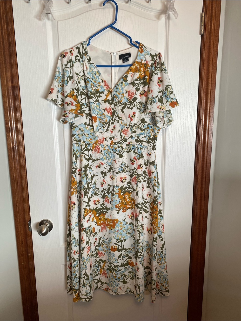 Lucy Paris Cream Floral Wrap Midi Dress with Blue, Pink & Mustard Blooms